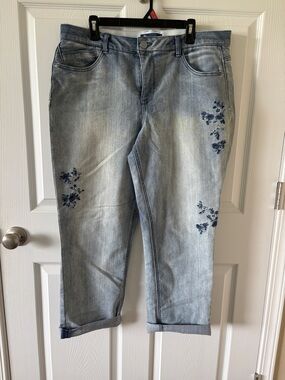 Democracy Light Blue Cropped Jeans with Dark Blue Floral Embroidery